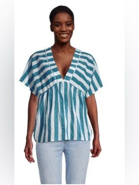 World Market Teal and White Striped V-Neck Peasant Top
